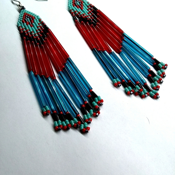 Beaded Handmade Long Fringe Red Blue Petit Earrings - Picture 3 of 6